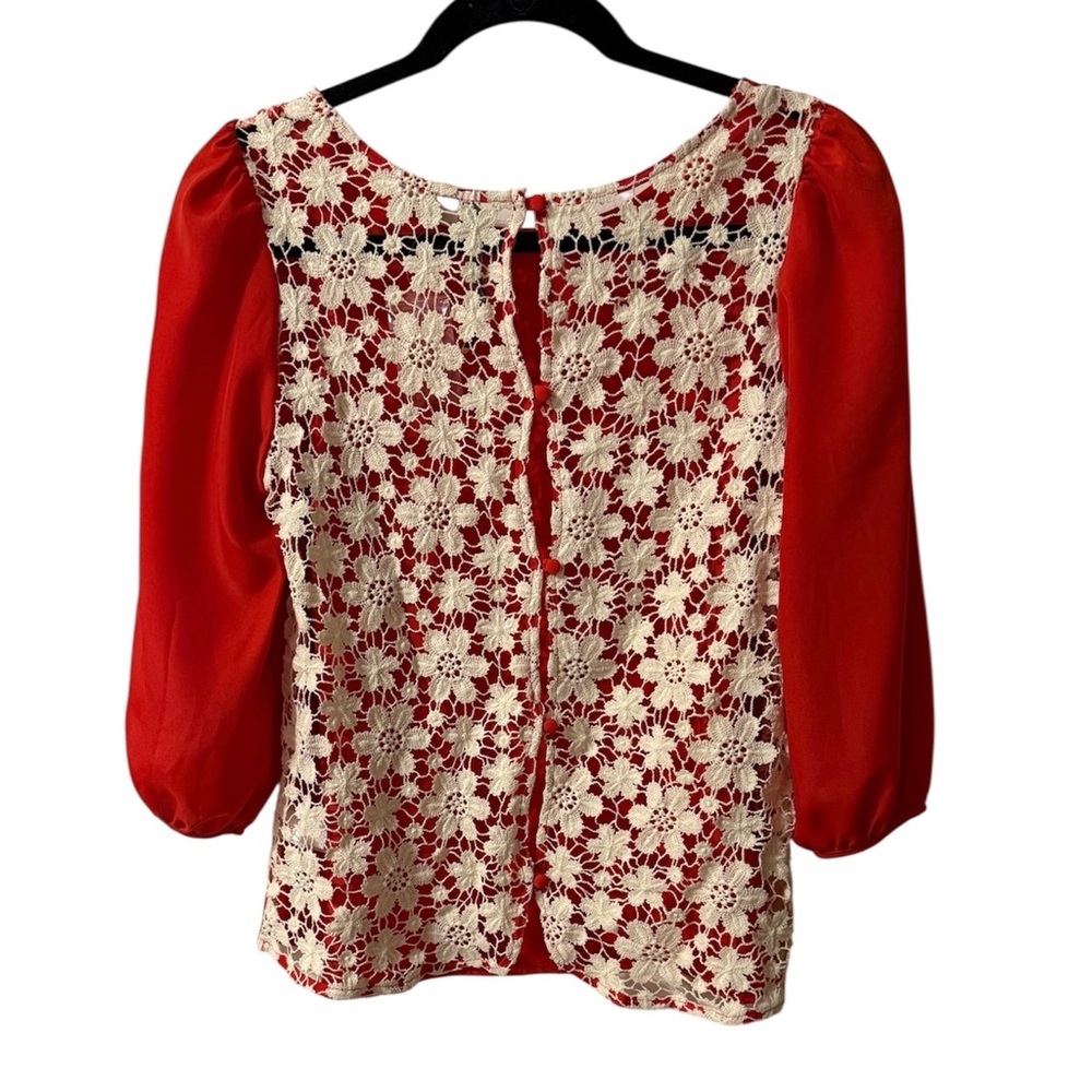 LC Lauren Conrad red blouse with ivory crocheted back